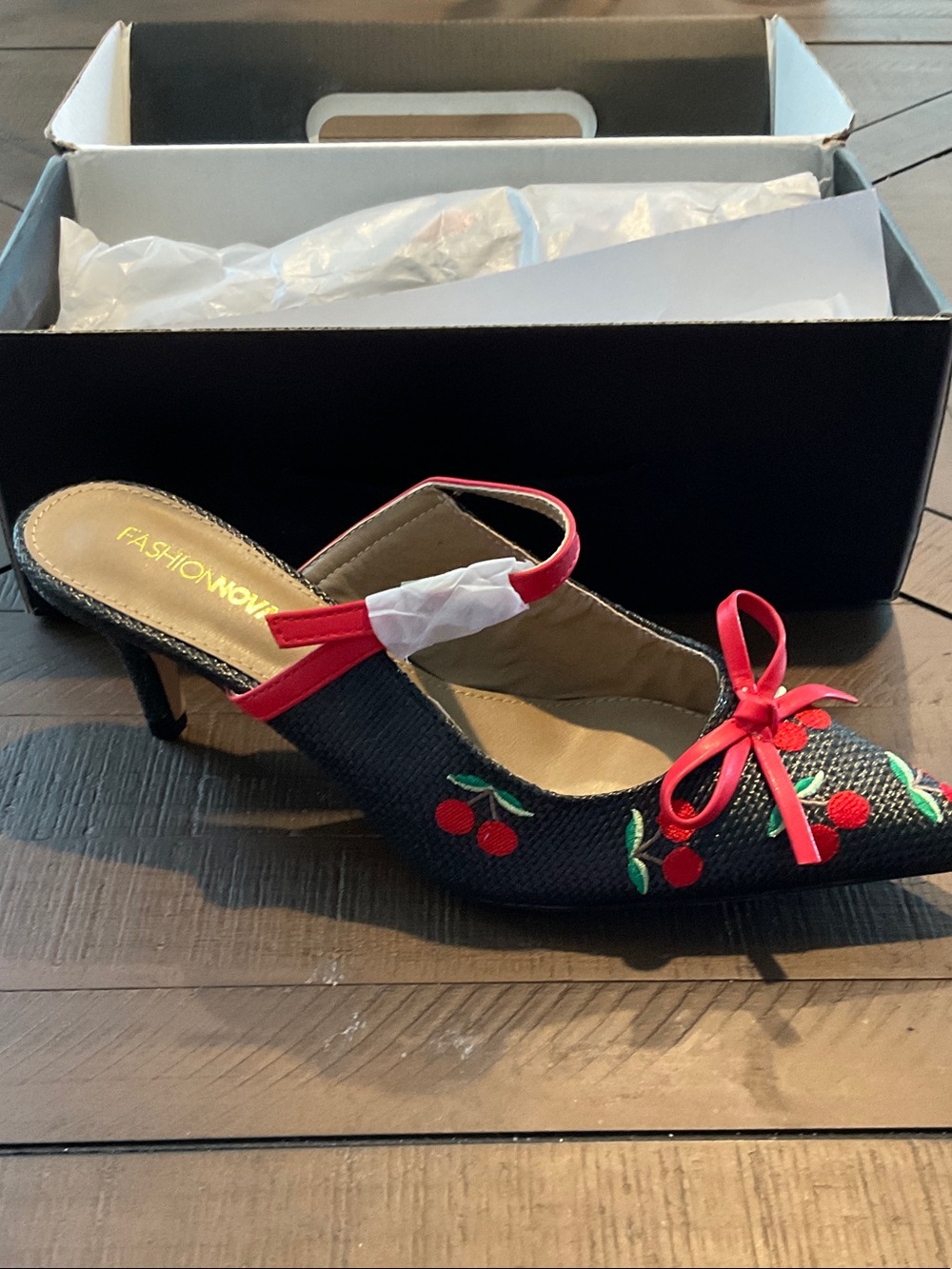 Fashion Nova Black Slingback Mules with Red Cherry Embroidery